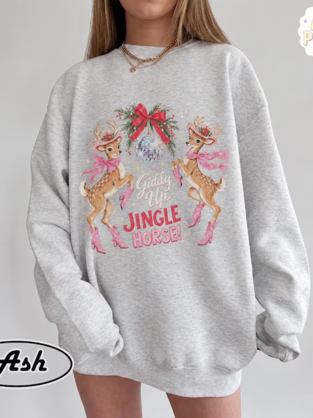 Ash Gray “Jingle Horse” Christmas Sweatshirt with Pink Deer Holiday Graphic